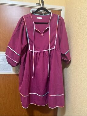 Magenta Puff-Sleeve Dress with Contrast Trim
